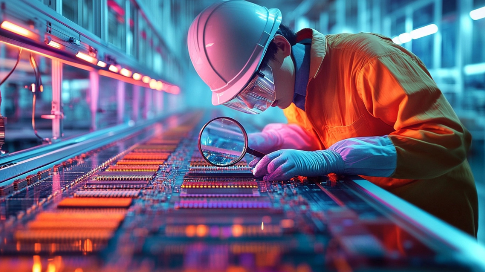 About the post: Images and videos are generative AI-created. Image prompt: An elaborate assembly line in an ultramodern factory producing computer chips. one worker in a colorful jumpsuit and hard hat holds a magnifying glass to inspect the quality of the chips, photorealistic. Tools: Midjourney, Luma.