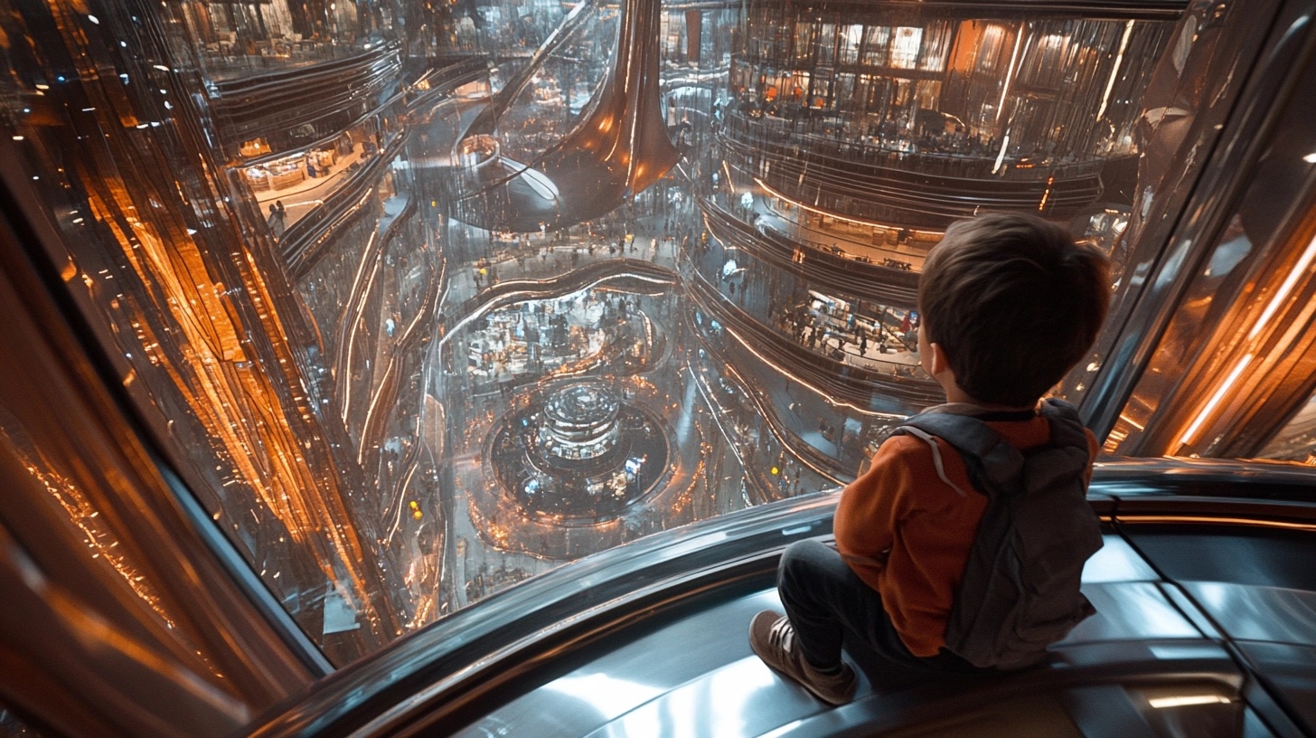 About the post: Images and videos are generative AI-created. Prompt: Ultrawide shot, a child looks out from inside of a glass elevator over a vast, multistory ultramodern hotel lobby. Tools: Midjourney, Luma.