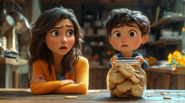 About the post: Images and videos are generative AI-created. Prompt: Disappointed Latina mom with arms crossed holding catching her son taking a cookie from a jar, son looks ashamed, humorous, animated style, colorful, exaggerated expressions, Pixar-inspired, kitchen background. Tools: Midjourney, Luma.