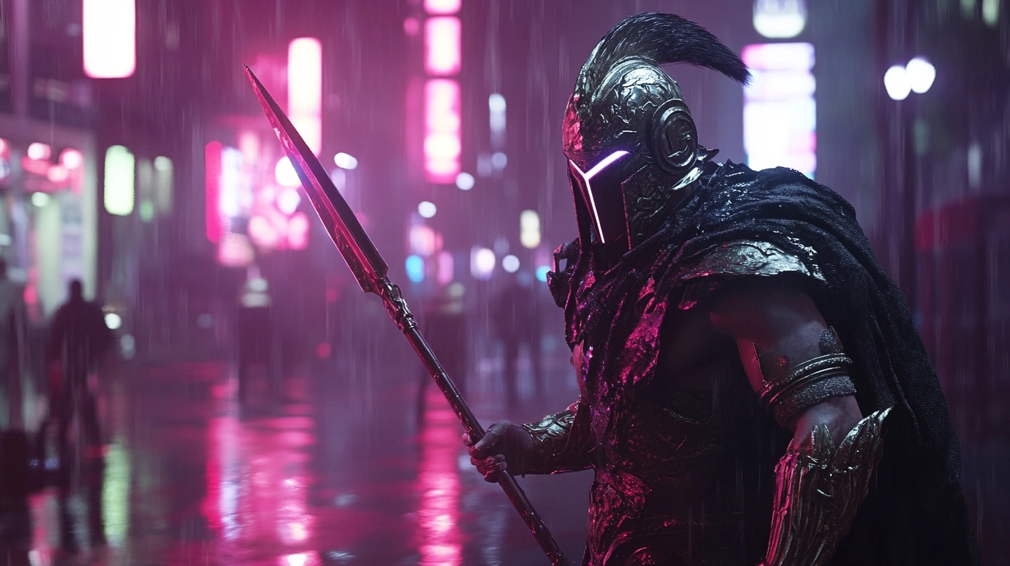 About the post: Images and videos are generative AI-created. Image prompt: A mighty Greek warrior brandishing a spear ready to go into battle, standing on a wet city street, cyberpunk vibes, neon. Tools: Midjourney, Luma.