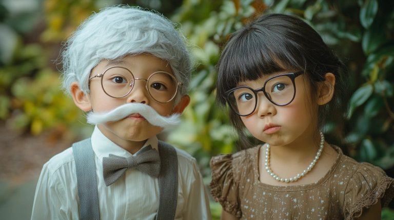 About the post: Images and videos are generative AI-created. Prompt: A young Asian boy in an old man costume, white mustache, spectacles, suspenders, gray wig, standing next to a young Asian girl in an old lady costume, thick glasses, pearl necklace, frumpy dress, humorous, silly. Tools: Midjourney, Luma.