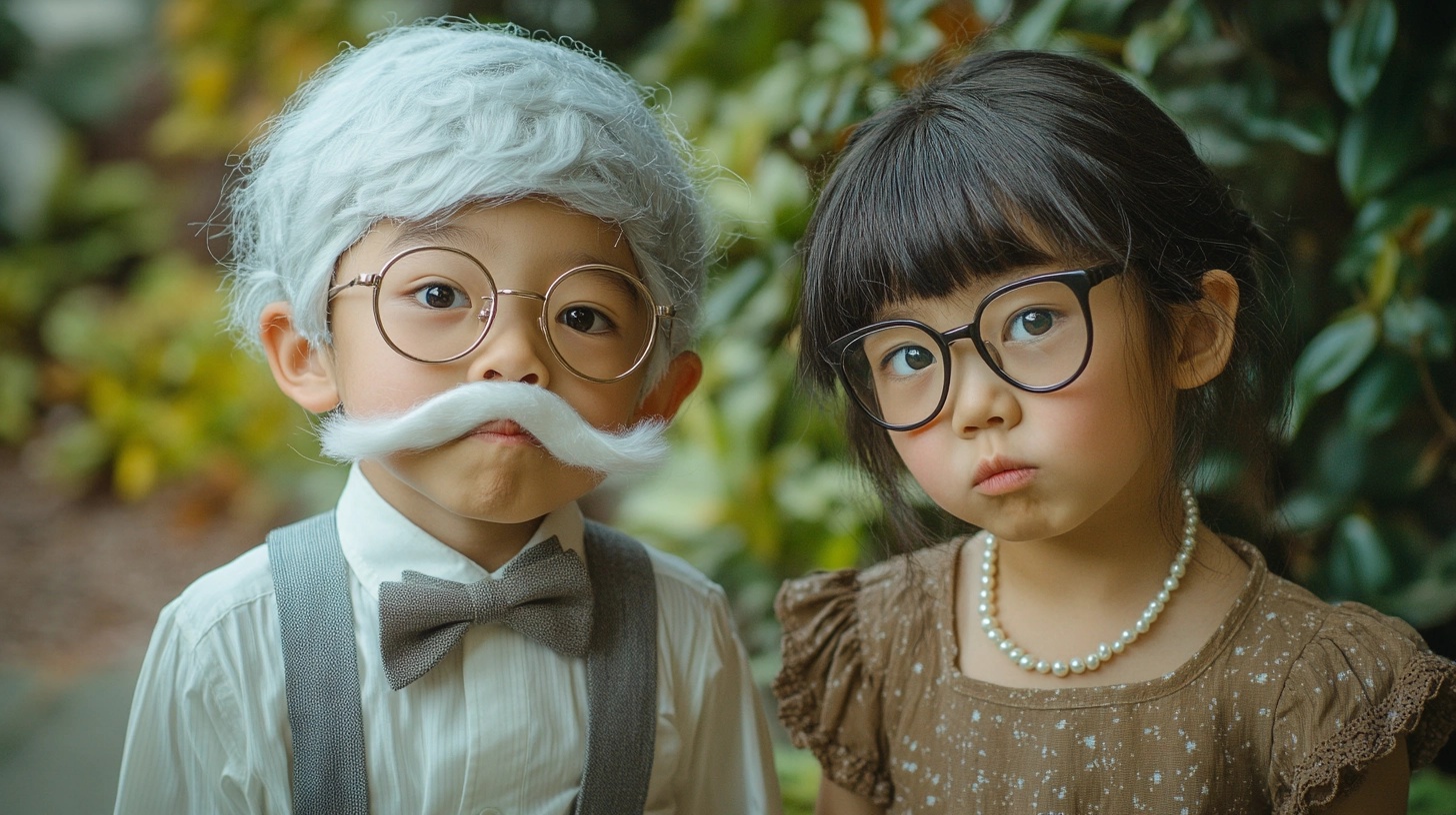 About the post: Images and videos are generative AI-created. Prompt: A young Asian boy in an old man costume, white mustache, spectacles, suspenders, gray wig, standing next to a young Asian girl in an old lady costume, thick glasses, pearl necklace, frumpy dress, humorous, silly. Tools: Midjourney, Luma.