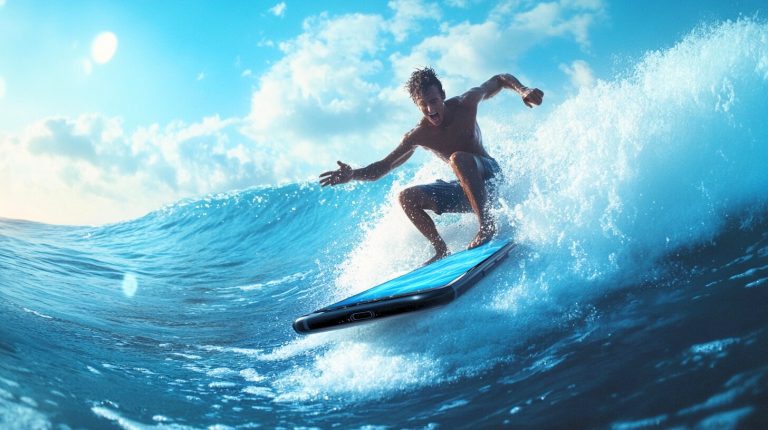 About the post: Images and videos are generative AI-created. Image prompt: Humorous image of a Southern California man surfing on top of a smartphone, big wave, chill vibes, photorealistic Tools: Midjourney, Luma.