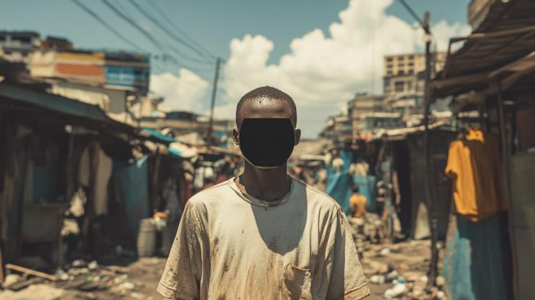 About the post: Images and videos are generative AI-created. Prompt: A person in a developing country setting, perhaps a slum, sunny day, the person is completely faceless, just a blank area where the face would be, the rest of the image is highly photorealistic. Tools: Midjourney, Luma.