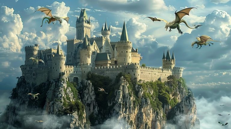 About the post: Images and videos are generative AI-created. Prompt: An elaborate medieval fortress with a moat on top of a high mountain, dragons soar around looking for a way to enter, fantastical, whimsical vibes. Tools: Midjourney, Luma.