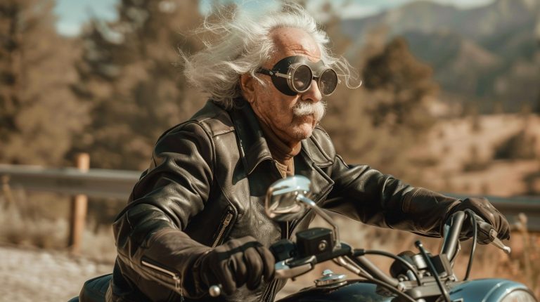 About the post: Images and videos are generative AI-created. Image prompt: Albert Einstein riding a Harley Davidson, wearing a leather jacket, gloves, and goggles, riding in the American southwest, Easy Rider vibes, Rebel Without a Cause vibes. Tools: Midjourney, Luma.