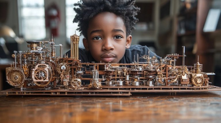 About the post: Images and videos are generative AI-created. Image prompt: Elaborate, intricate Rube Goldberg machine, a young African-American boy watches in awe. Tools: Midjourney, Luma.