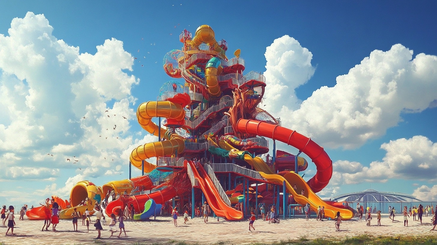 About the post: Images and videos are generative AI-created. Image prompt: A huge playground apparatus, impossibly tall, slides, monkey bars, jungle gym, bridges. Dozens of children playing on the apparatus, a beautiful sunny day, photorealistic but also whimsical and fantastical, Dr. Seuss vibes, very colorful. Tools: Midjourney, Luma.