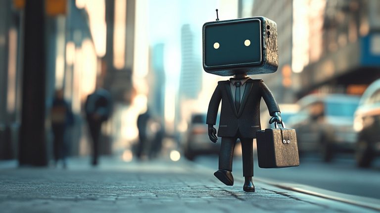 About the post: Images and videos are generative AI-created. Image prompt: Humorous image of a smartphone wearing a business suit, carrying a briefcase, walking on a city sidewalk, photorealistic. Tools: Midjourney, Luma.