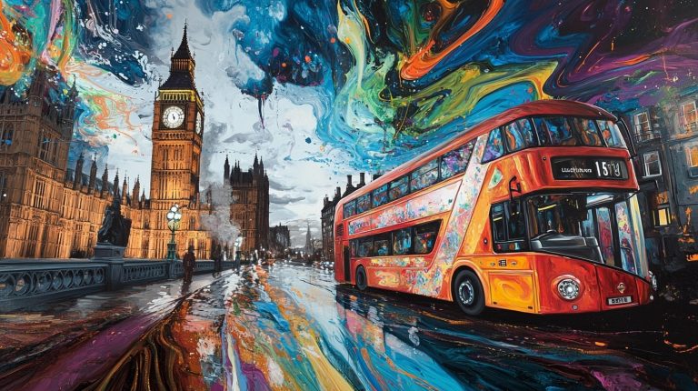 About the post: Images and videos are generative AI-created. Prompt: A London street scene, double decker bus, Big Ben, Parliament, very surreal, Salvador Dali inspired, persistence of memory, drippy, psychedelic, colorful. Tools: Midjourney, Luma.