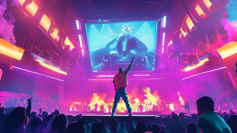 About the post: Images and videos are generative AI-created. Prompt: A caucasian '90s hip hop artist performing on a large stage in front of a massive audience, pyrotechnics, backup dancers, '90s aesthetics, vaporwave, bright colors, funky vibes, Vanilla Ice vibes. Tools: Midjourney, Luma.