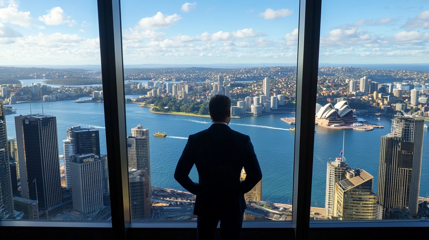 About the post: Images and videos are generative AI-created. Image prompt: An Australian CEO looking out from his high rise office window over downtown Sydney and the ocean beyond. Tools: Midjourney, Luma.