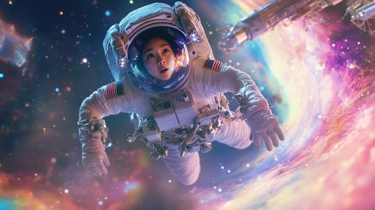 About the post: Images and videos are generative AI-created. Prompt: A rainbow-colored trail of dust forms a path through interstellar space. In the middle of frame, an Asian female astronaut in a futuristic spacesuit is performing a spacewalk. Her awestruck face is visible. A space station, to which she is tethered, is visible in the distance. She is in awe at the swirling colors around her. Tools: Midjourney, Luma.