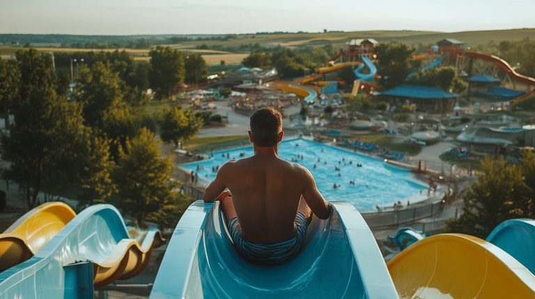 About the post: Images and videos are generative AI-created. Image prompt: A middle-aged Latino man sitting at the very top a super tall water slide, slide is several stories tall, looking out over the water park, the rest of the water park expands out below him, the landscape looks small below him, almost surreal landscape, excited, smiling, warm summer day. Tools: Midjourney, Luma.