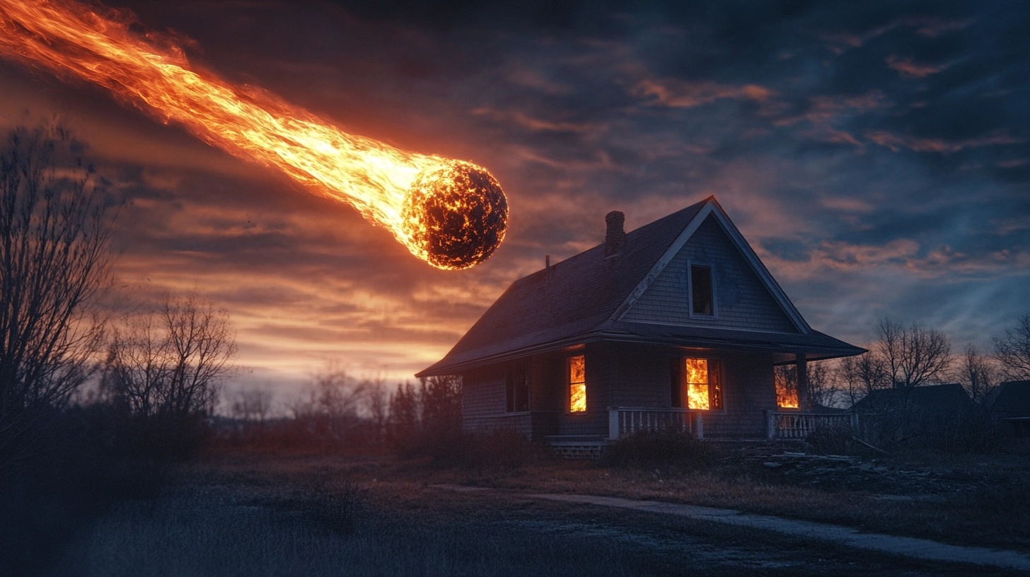 About the post: Images and videos are generative AI-created. Image prompt: A meteor on a direct collision course with a small craftsman style house, about to make impact, streaks of flame coming from behind the meteor, the house stands no chance, dramatic scene, very cinematic, photorealistic. Tools: Midjourney, Luma.