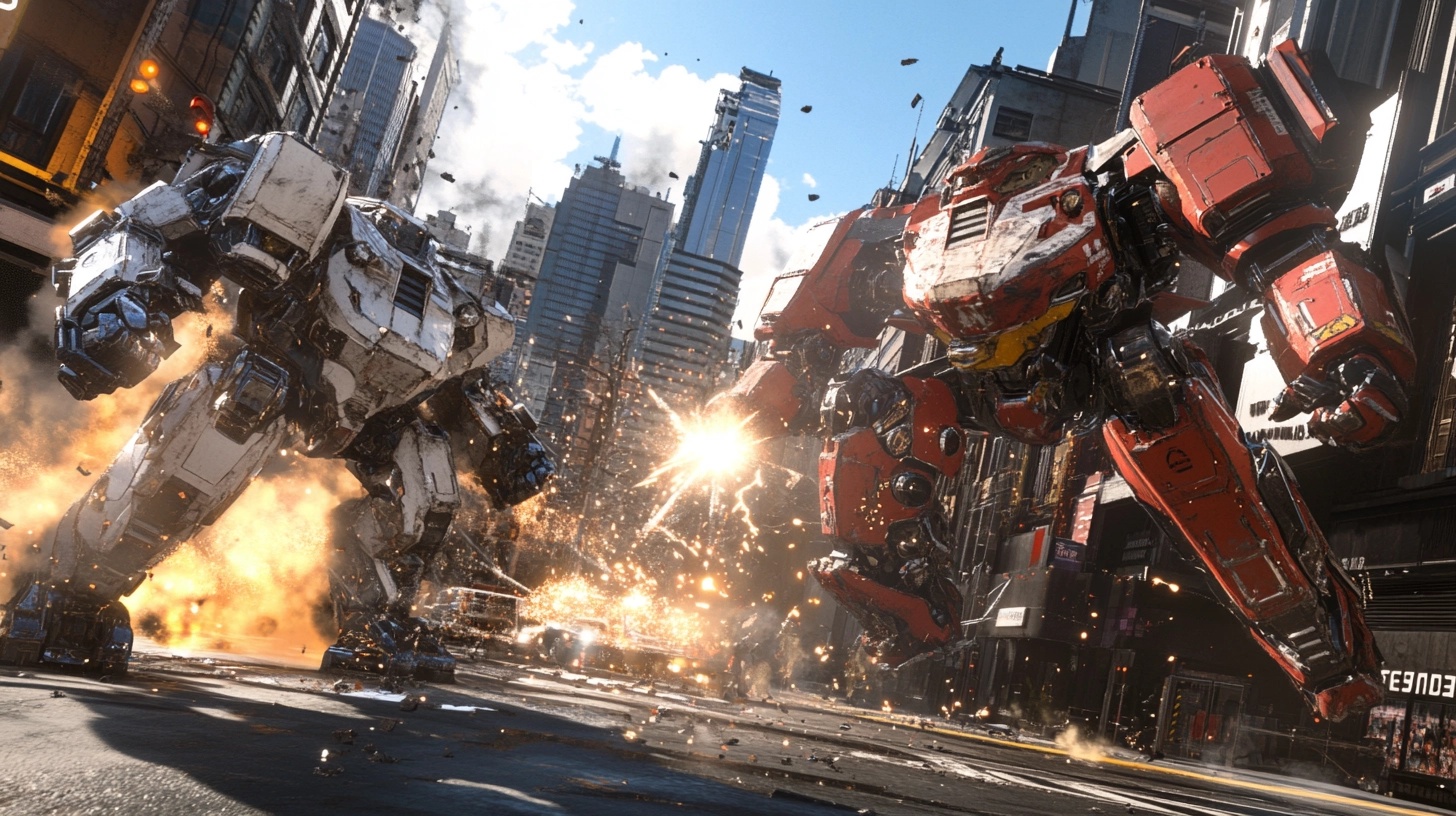 About the post: Images are generative AI-created. Prompt: Two robot mech warriors battling it out in the middle of a downtown street, locked in battle, epic battle, sun shining bright, very cinematic. Tool: Midjourney.
