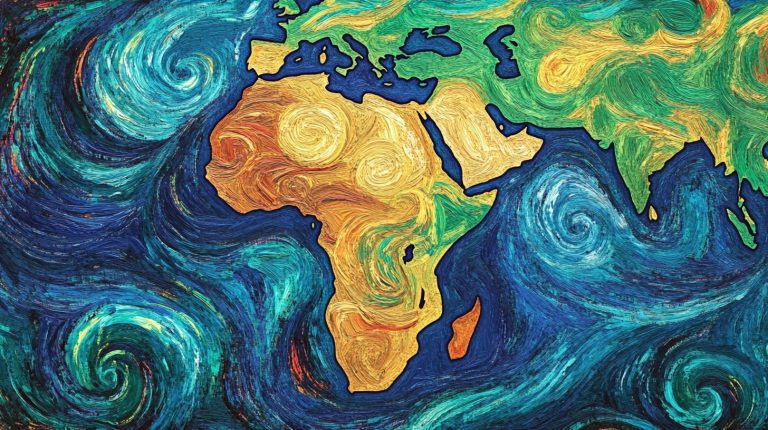 About the post: Images and videos are generative AI-created. Image prompt: A stylized map of Africa. Very colorful, bright, swirling colors. In the style of Vincent Van Gogh. Very beautiful. The ocean around the continent is a deep blue-green. Tools: Midjourney, Runway.